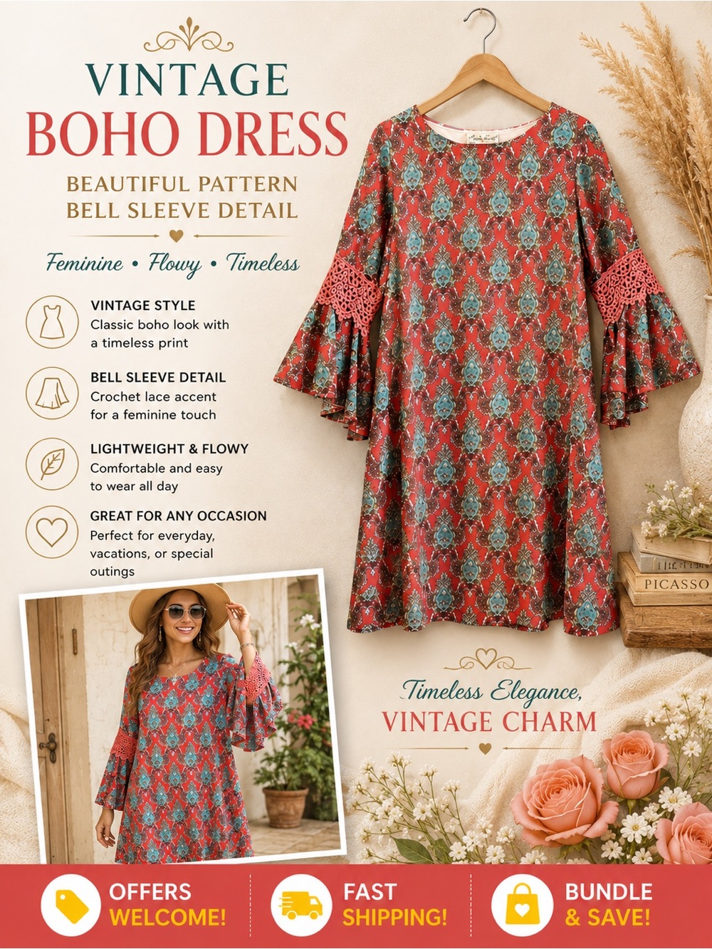 Lady Noiz Coral Paisley Boho Tunic Dress Bell Sleeve Crochet Lace Size Small